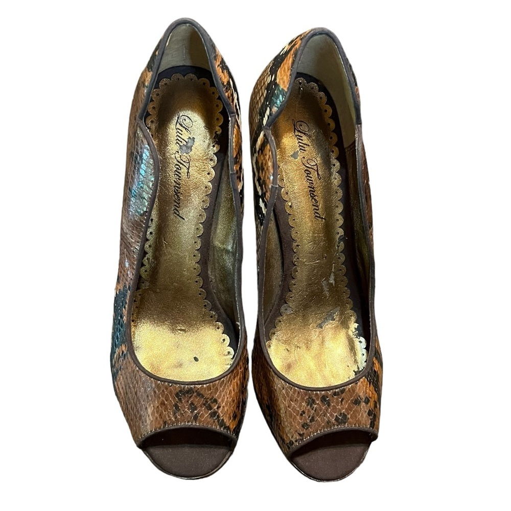 Lulu Townsend Peep Toe Platform Stiletto Pumps Snakeskin Brown/Black 8.5M - Picture 7 of 11